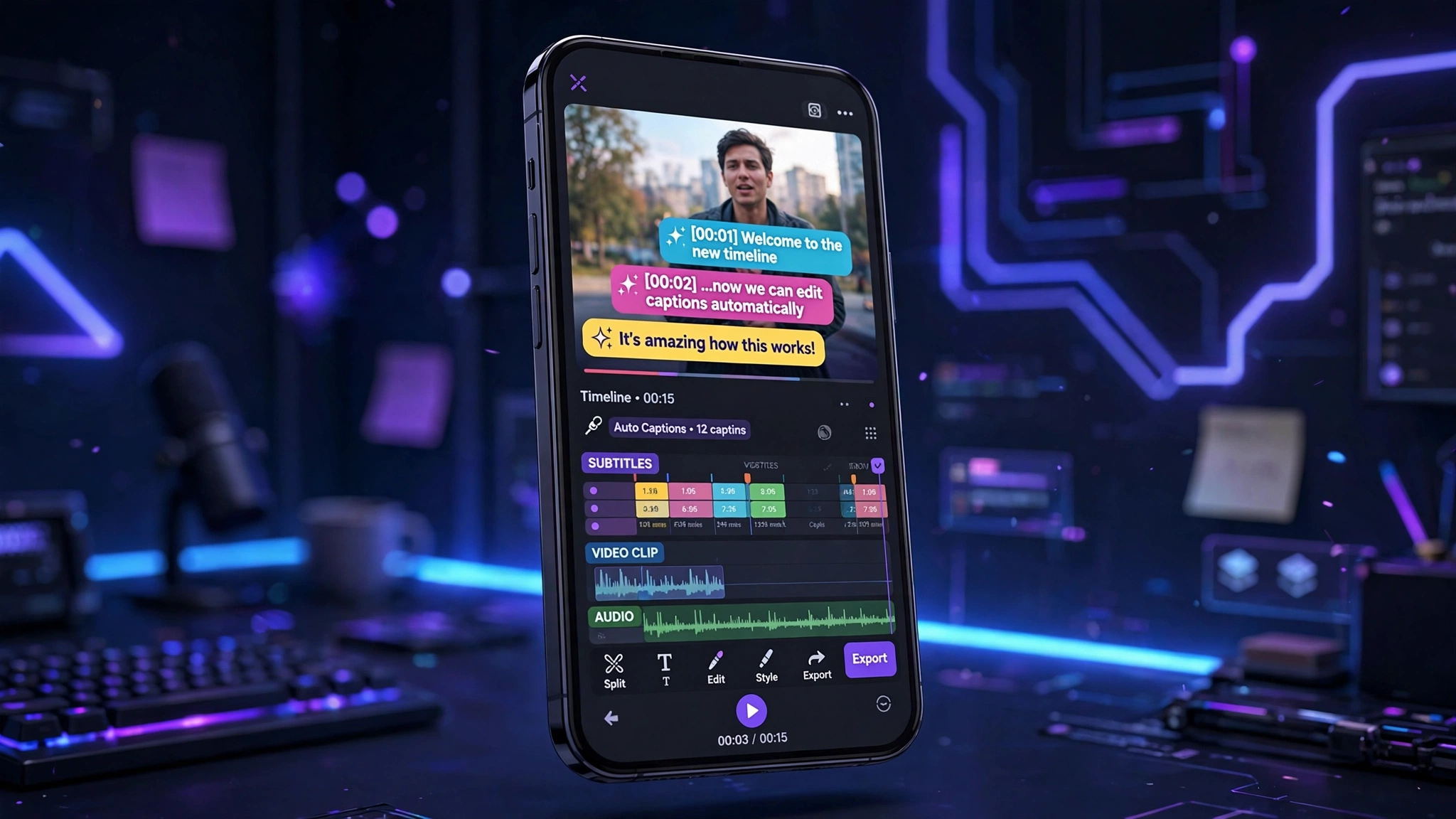 CapCut auto captions feature generating subtitles on a video editing timeline
