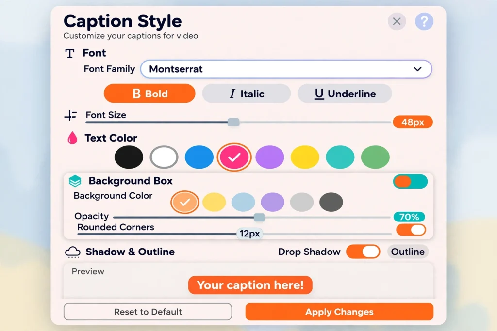 CapCut auto captions settings panel with font and style options