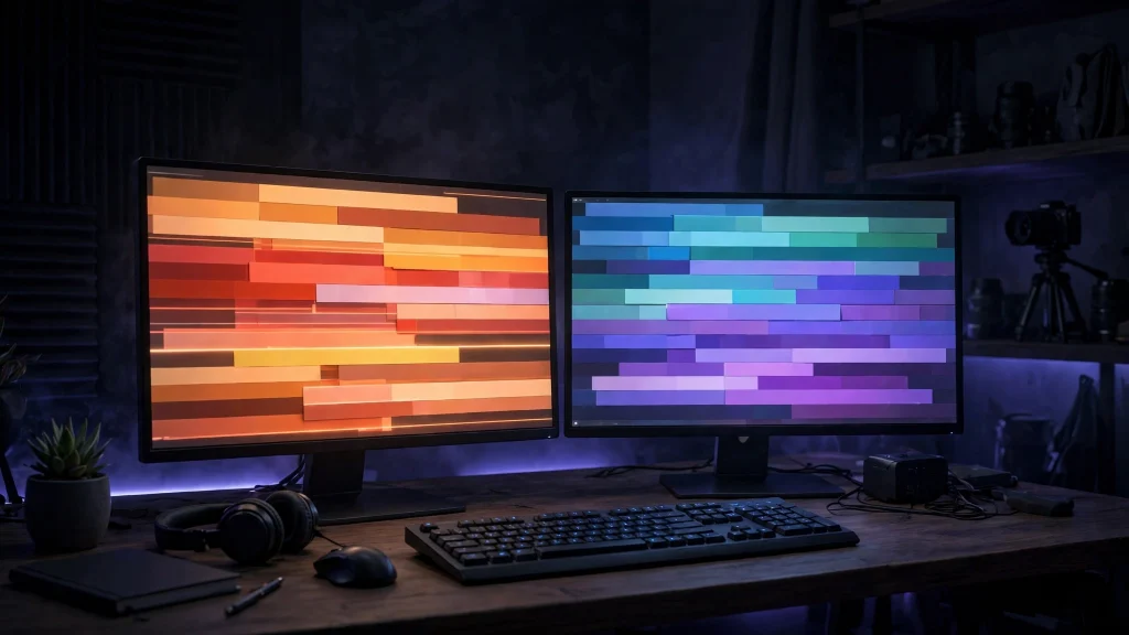 Illustration of a desktop editing setup comparing two video editors side by side