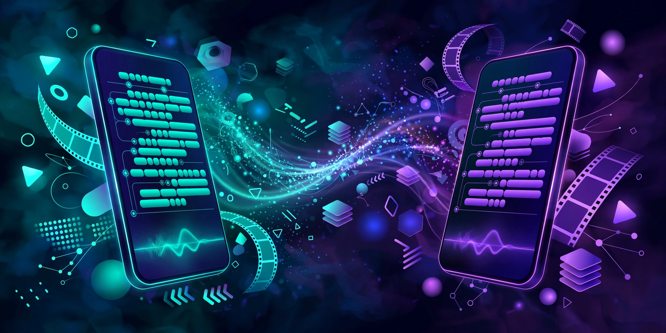 CapCut vs KineMaster: Which Free Video Editor Is Better in 2026? 1 Abstract comparison artwork for CapCut vs KineMaster with two stylized video editing phones