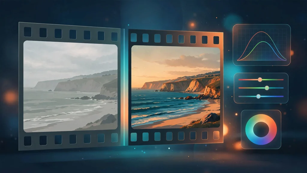 Before-and-after color grade in CapCut from flat to cinematic teal-orange look