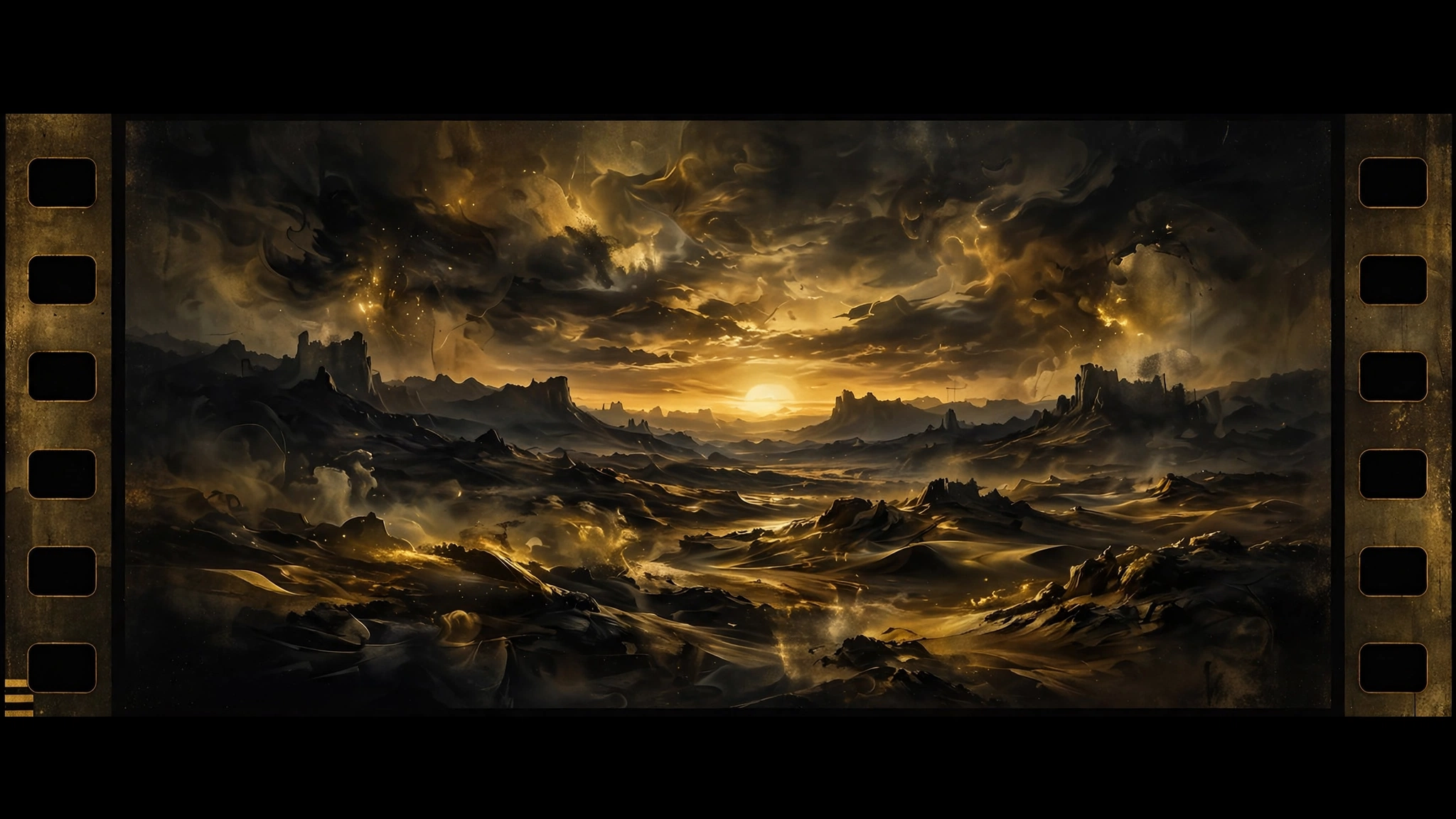 Abstract cinematic artwork showing a film frame with black letterbox bars