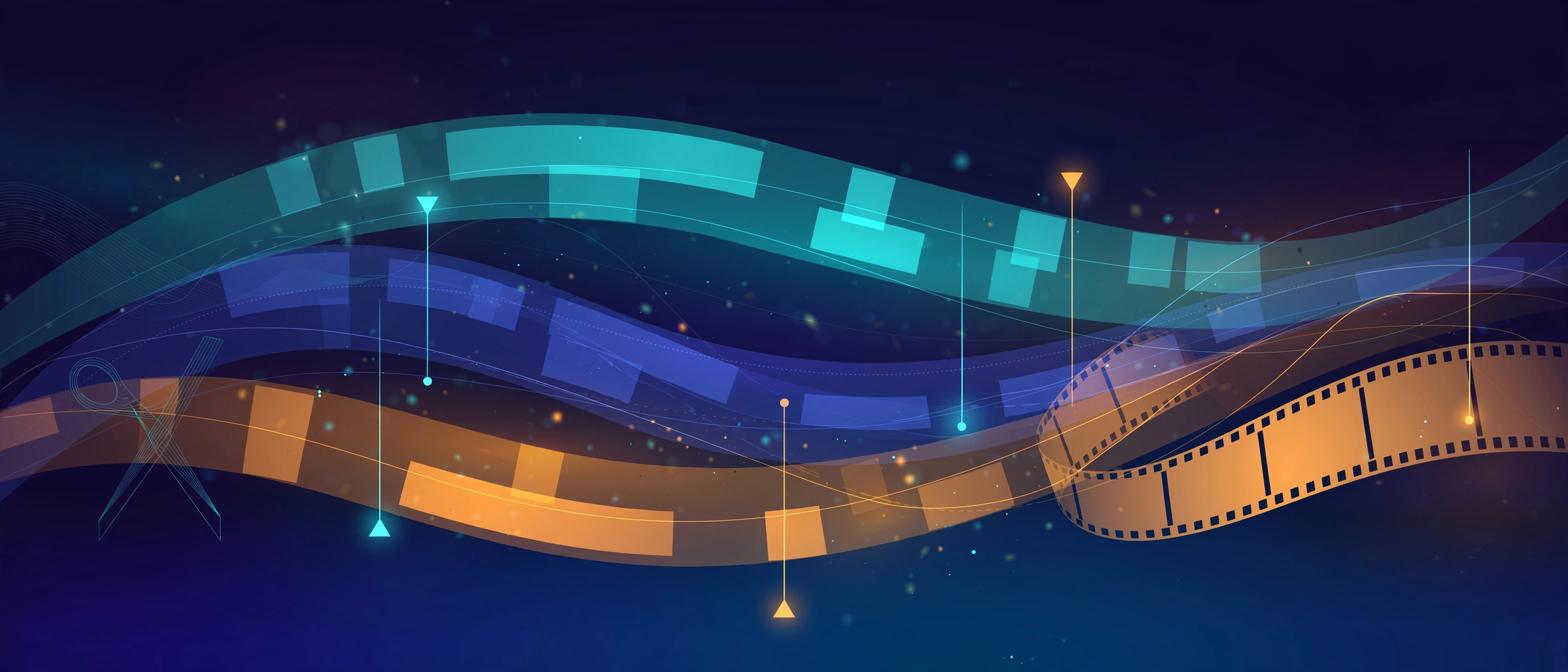 Abstract artwork illustrating how to trim and split videos in CapCut with timeline strips and a scissors icon