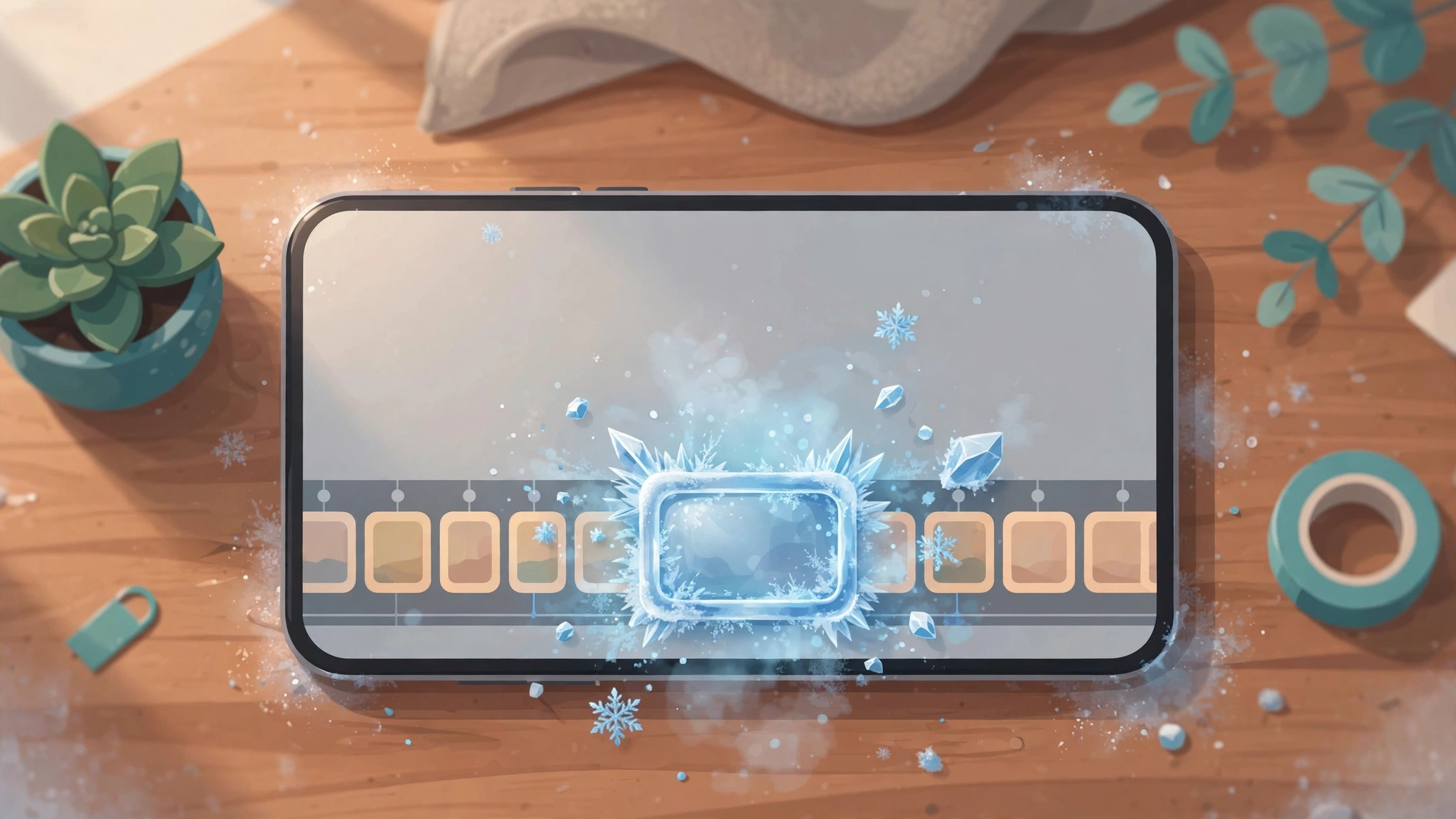 Freeze frame CapCut tutorial: phone showing a video timeline with a frozen frame
