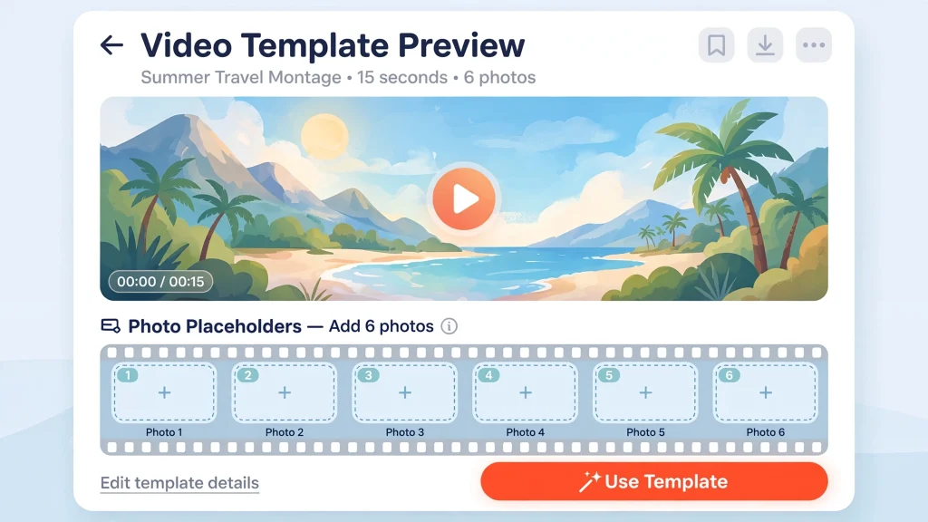 CapCut template preview screen with Use Template button and photo placeholders