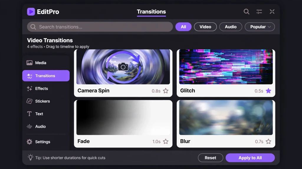 CapCut transitions menu showing camera, glitch, and trending transition options