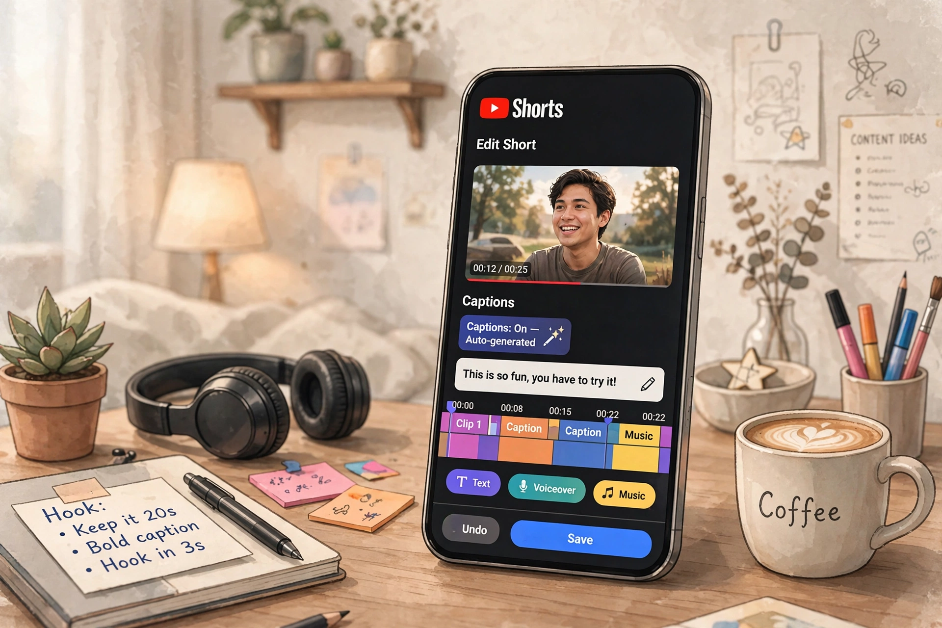 Editing a vertical YouTube Short in CapCut with captions and timeline visible